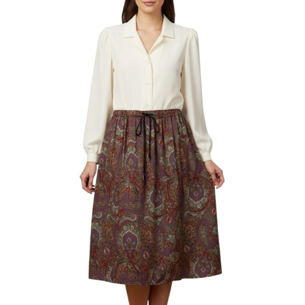 VTG LESLIE FAY PETITE Ivory/Brown CREPE Paisley PLEATED SKIRT Button DRESS 14P